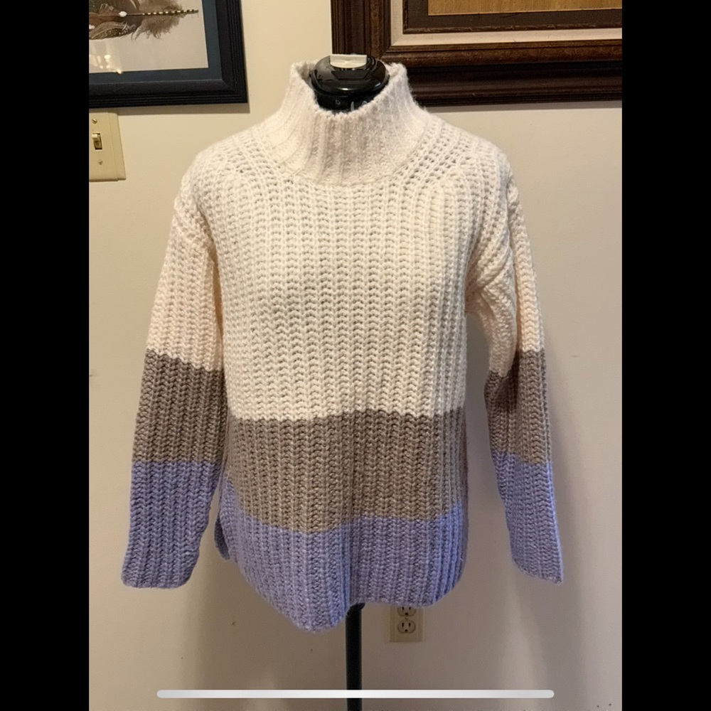 Ann Taylor Cream blue and Gray Cowl Neck Sweater with Textured Knit